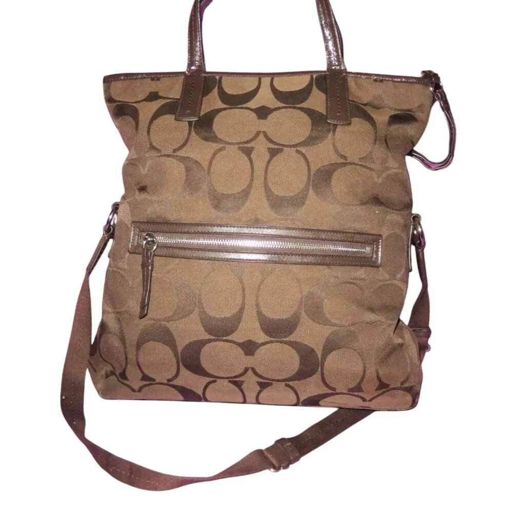 Coach 2013 Signature C Brown Canvas & Leather Trim Fold over Tote and Crossbody